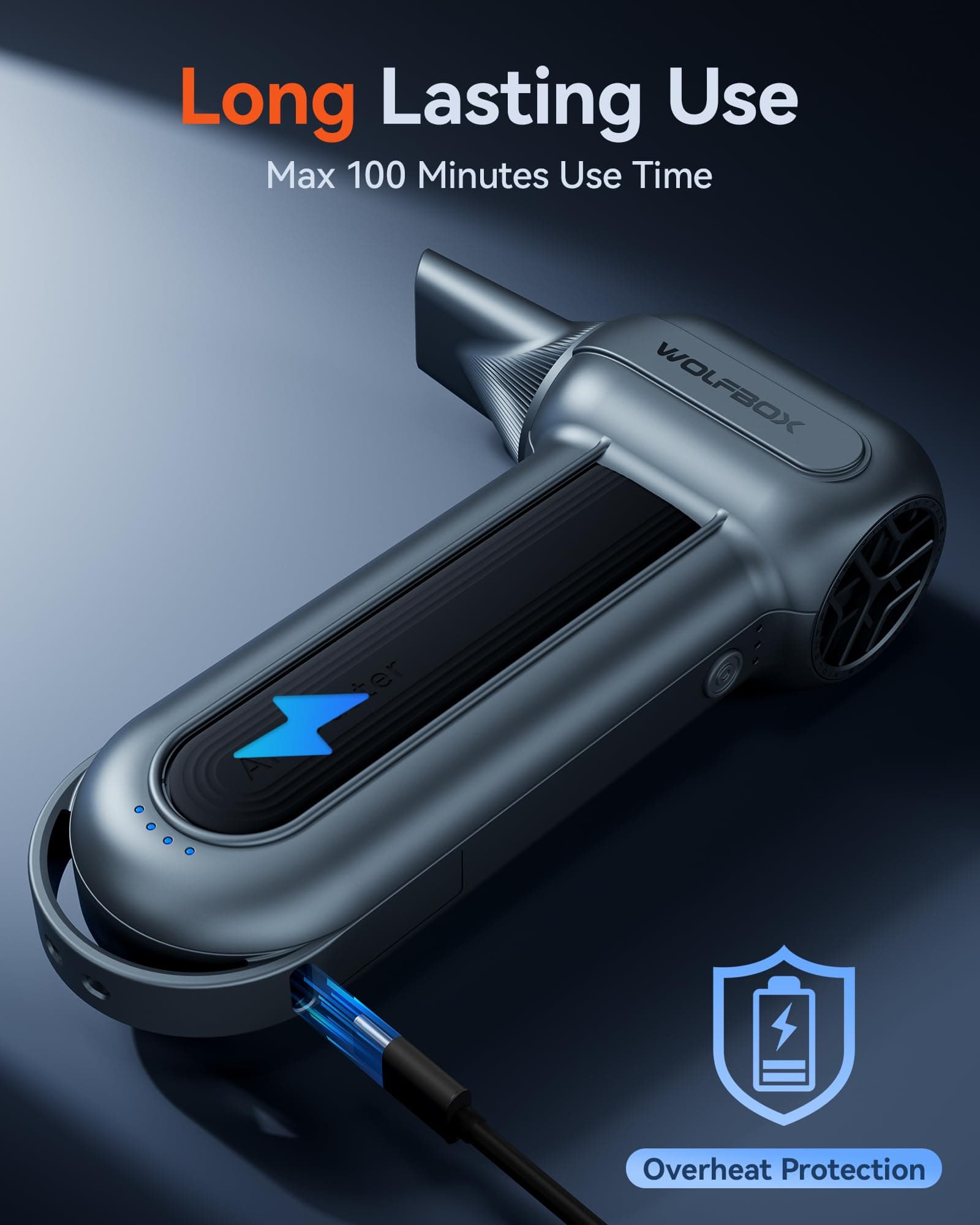 WOLFBOX MF100 Compressed Air Duster-150000RPM Super Power Cordless Air Duster, Rechargeable Brushless Motor Durable Blower, 3-Gear Adjustable Dust Blower for Computer, Keyboard, Outdoor, House and Car thumbnail 8