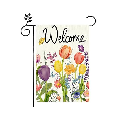 Welcome Spring Tulip Garden Flag 12x18 Inch Double Sided Outside Seasonal Spring Floral Yard Flags for Outside Farmhouse Yard Decorations Flag - Image 1