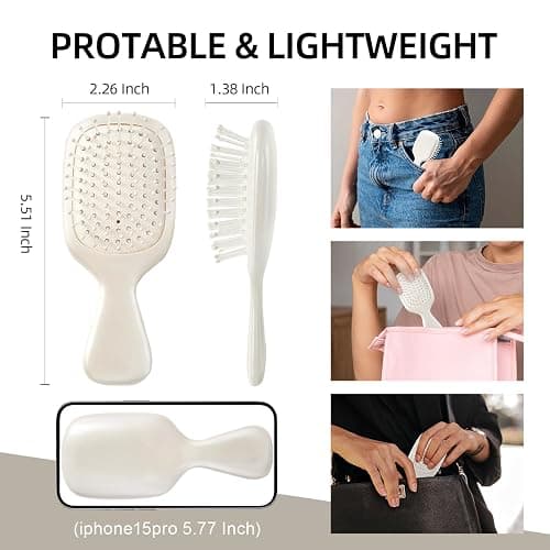 Jurrissa Mini Hair Bursh for Women Men and Kids, Protable Travel Size Hair Brush for Pockets Purses, Mini Detangler Brush for All Hair Types, Small Paddle Brush for Detangling (White) thumbnail 2
