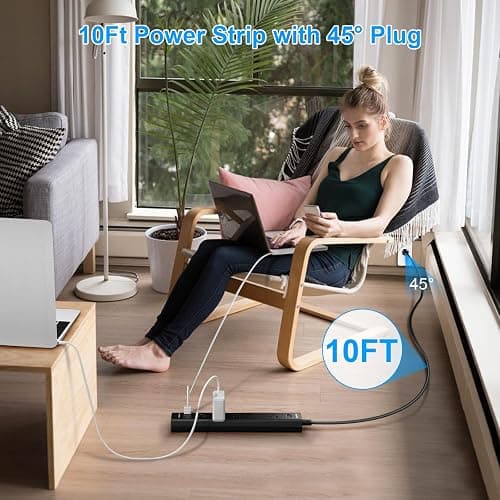 10FT Long Surge Protector Power Strip-with 5 Widely Outlets and 3 USB Ports(1 USB C Port),10 Foot Extension Cord(1250W/10A),Wall Mount for Home Office,700 J,Black(2 Pack) - 2PCK - 10FT thumbnail 6