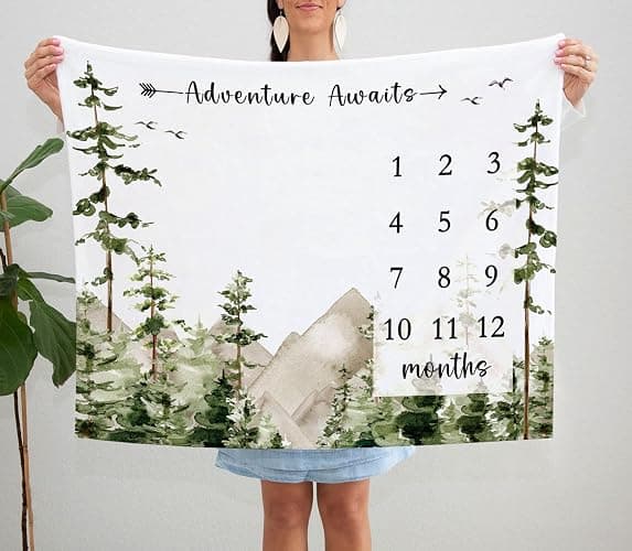 Yuzioey Adventure Awaits Baby Milestone Blanket with Birth Stat Sign, Mountain Baby Growth Chart Monthly Blanket, Watch Me Grow Adventure Nursery for New Moms Shower(50"x40") thumbnail 2