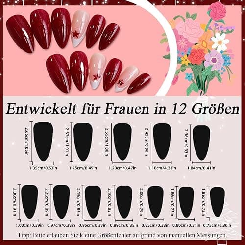 24 Stück Mittel Press on Nails Almond - Rot Finger Nägel - French Nails Press on mit Sternmotiv - Full Cover Künstliche Fingernägel Zum Aufkleben - Falsche Nägel für Frauen & Mädchen (Red Star) thumbnail 4