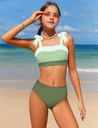 KANGKANG Girls Swimsuit Solid Color Block Adjustable Straps Teen Girl Bikini Set Kids Bathing Suits for Girls Size 7-16 thumbnail 3