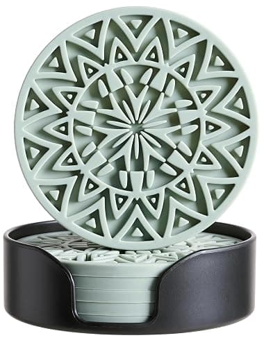 Hoomey Set of 6 Sage Green Silicone Coasters with Holder, Drink Coasters with Tribal Pattern Shape- for Table Protection, Anti Slip, Nonstick, Heat Resistant, Deep Tray - Image 1