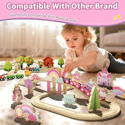 Lehoo Castle Wooden Train Set, Unicorn Train Set for Toddlers 2-4, Wooden Train Track Toddler Girl Toys Pink Train Toys for 3 4 5 6 Year Old Girl thumbnail 5