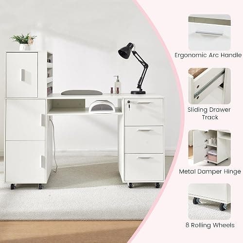 WLLPNG Mobile Manicure Table Nail Salon Desk with Storage Cabinet, 55.1" Rolling Nail Tech Workstation with Drawers & Nail Polish Rack for Beauty Salon Station Home Nail Tech thumbnail 5