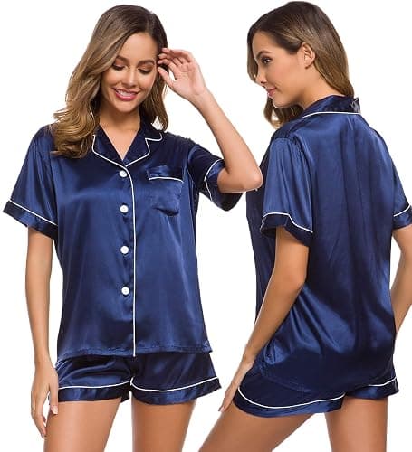 SWOMOG Womens Silk Satin Pajamas Set Short Sleeve Sleepwear Button Down Top and Shorts Loungewear 2 Piece Pjs Set XS-3XL - Image 1