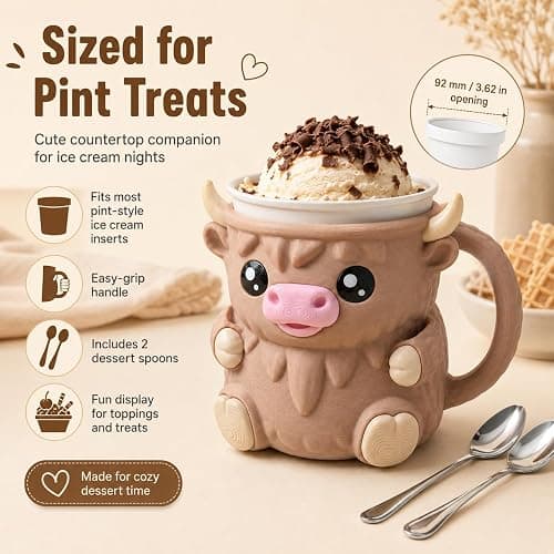 Highland Cow Ice Cream Pint Holder with 2 Spoons, 16 oz, Light Brown | Fits 16 oz ice cream pints with a built-in lid rest, topping drawer, and 2 spoons thumbnail 2