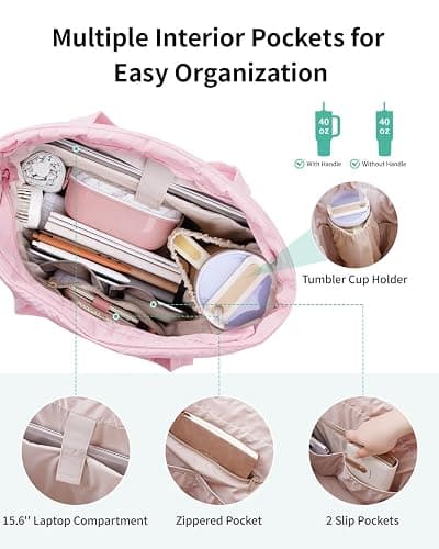 Narwey Nylon Puffer Tote Bag for Women, Quilted Work Nurse Teacher Tote Bag | Lightweight, Puffy, Aesthetic, Trendy, 15.6 Laptop Sleeve, 40oz Tumble holder, Shoulder Bag for Travel, Gym, Holiday Gifts thumbnail 4
