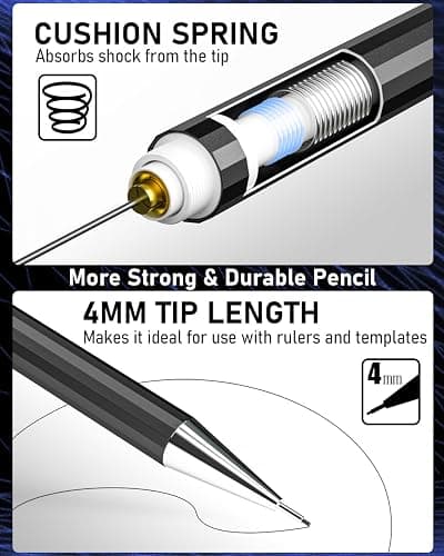 Nicpro 6 PCS Art Mechanical Pencil Set, Black Metal Drafting Pencil 0.3, 0.5, 0.7, 0.9 mm & 2PCS 2mm Graphite Lead Holder(4B 2B HB 2H) For Writing Sketching Drawing With 8 Lead Refills Eraser Case thumbnail 3
