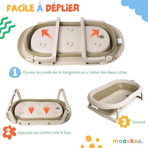 Baignoire pour bébé Pliable - Baignoire pour bébé beige avec thermomètre et coussin de bain - Baignoire pour bébé de 80 cm pour enfants de 0 à 36 mois - Baignoire pour enfant portable antidérapante thumbnail 6