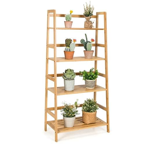 Giantex Ladder Shelf, 4 Tier Bamboo Ladder Bookshelf, 48’’ Tall Freestanding Bookcase Storage Rack Plant Stand for Living Room, Balcony, Office, Bedroom, Farmhouse Wooden Ladder Bookshelf, Natural - Image 1