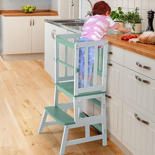 COSYLAND Kids Kitchen Step Stool, Toddler Standing Tower with CPC Certification, Removable Anti-Drop Railing Safety Rail, Anti-tip Stable Toddler Standing Tower - Green & White - Image 1