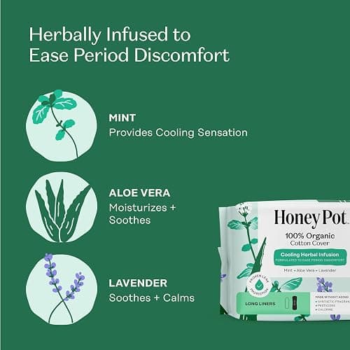 The Honey Pot Company - Cooling Herbal - Long Panty Liners for Women | Cooling Effect - Infused w/Mint, Aloe, Lavender, Rose - Organic Cotton Cover - Feminine Care - 120ct thumbnail 3