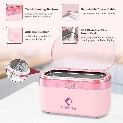 LifeBasis Ultrasonic Jewelry Cleaner, 17 OZ Ultrasonic Cleaner with 42kHz, Portable Jewelry Cleaner with 5 Cleaning Timer and Watch Holder for Jewelry Eyeglasses Watches Gold - Pink thumbnail 6