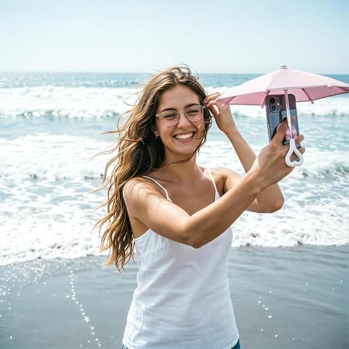 Phone Umbrella for Sun Shade with Heart Handle & Cute Piggy Suction Cup | Phone Sun Shade & Rain Protector, Universal Adjustable Suction Cup Stand, Sun Visor Phone Holder for Travel, Camping, Beach thumbnail 6