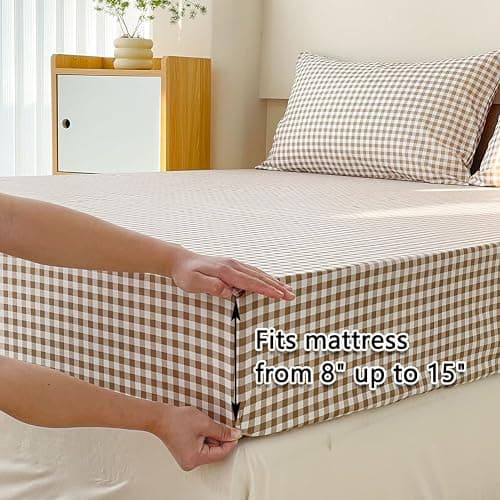 NSNLGSGC Tan Gingham King Sheet Set, Soft Brushed Microfiber Taupe Plaid King Bed Sheets, 4-Pieces Brown Grid Sheet Set with Deep Pocket thumbnail 6