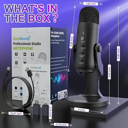 ZealSound USB Microphone,Condenser Computer PC Mic,Plug&Play Gaming Microphones for PS 4&5.Headphone Output&Volume Control,Mic Gain Control,Mute Button Vocal,YouTube Podcast on Mac&Windows(Black) thumbnail 7