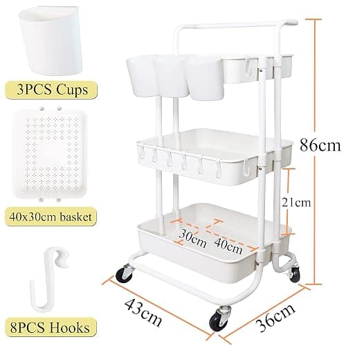 Freletry 3 Tier Rolling Utility Cart Multifunction Storage Organizer Shelf Rack with Lockable Wheels 3PCS Cups and 8PCS Hooks for Home Office Kitchen Bathroom Store (White) thumbnail 2