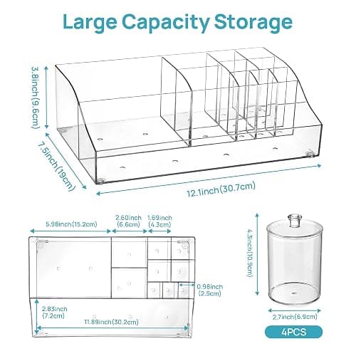 Vtopmart 5 PCS Bathroom Countertop Organizer, 1 Divided Tray with 4 Qtip Holder Jars, Restroom Clear Organizers for Toothbrush, Cotton Pads Balls, Floss, Bathroom Vanity Accessories Storage Set thumbnail 2