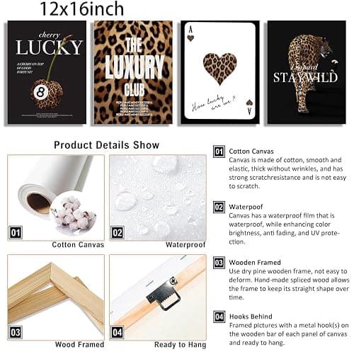 KBIERQN 4pcs Trendy Leopard Prints Canvas Wall Art Lucky 8 Ball Poster Preppy Room Stay Wild Cheetah Pictures Luxury Club Poster for Girls Bedroom Apartment Dorm Wall Decor 12x16In Framed thumbnail 5