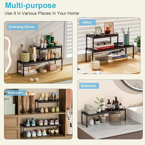 2 Pack Expandable Cabinet Countertop Shelves, Stackable Shelves Organizers For Kitchen Cabinet Countertop Storage, Adjustable Counter Cupboard Pantry Organizer Shelf Rack Stand, Length:20.5" thumbnail 9