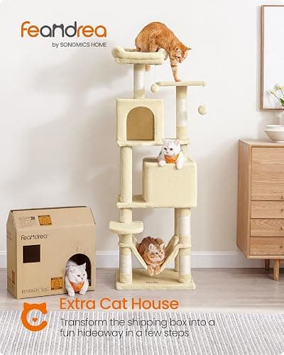 Feandrea Cat Tree, 59.5-Inch Tall Cat Tower, Plush Multi-Level Condo with 5 Scratching Posts, 2 Perches, 2 Caves, Hammock, 2 Pompoms, Beige UPCT192M01 thumbnail 2