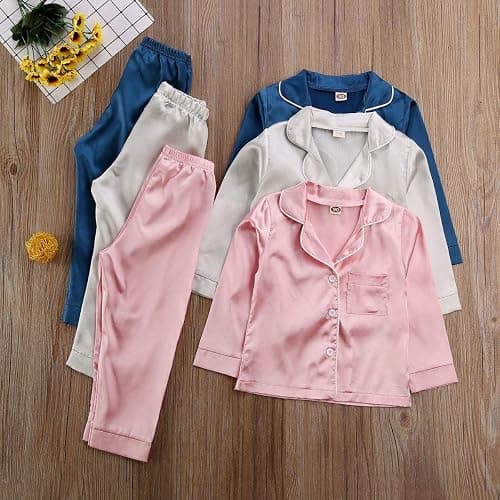 Toddler Baby Kids Satin Pajamas Set, Long Sleeve Button-Down Sleepwear PJs for Girls thumbnail 4