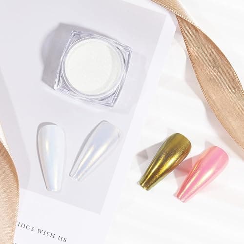 Artdone 2 Jars Chrome Nail Powder White and Gold Pearl | Iridescent Aurora Powder Metallic Mirror Effect Pigment Pearlescent Mermaid Pearl Glitter Dust Kit thumbnail 2