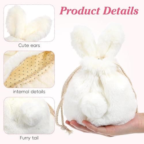 Luxshiny Plush Bunny Ears Drawstring Bag: Soft Plush Bag Cute Bunny Makeup Pouch for Travel and Daily Use, Beige White Cosmetic Pouch Fluffy Purse for Girls thumbnail 4