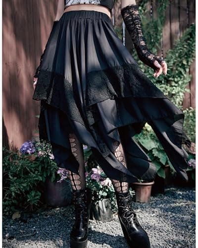 MATSUMIZUYU Flowy Gothic Punk Y2K Lace Midi Skirts for Women Medieval Steampunk Goth Layered Asymmetrical A-Line Skirt thumbnail 6