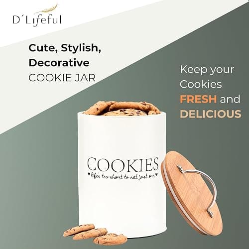 D'Lifeful Cookie Jar with Airtight Bamboo Lid – 1.1 Gallon Cute and Decorative Cookie Storage for Kitchen Countertop – Farmhouse Storage Tin for Freshness – Great Gift Idea (Off White) thumbnail 6