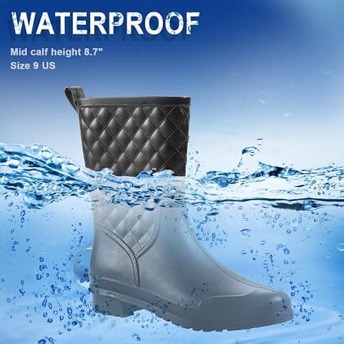 Petrass Women Rain Boots Black Waterproof Mid Calf Lightweight Cute Booties Fashion Out Work Comfortable Garden Shoes thumbnail 6