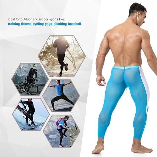 MIZOK Men's Mesh Yoga Pants See Through Compression Tights Workout Leggings - Small - Sky Blue thumbnail 5