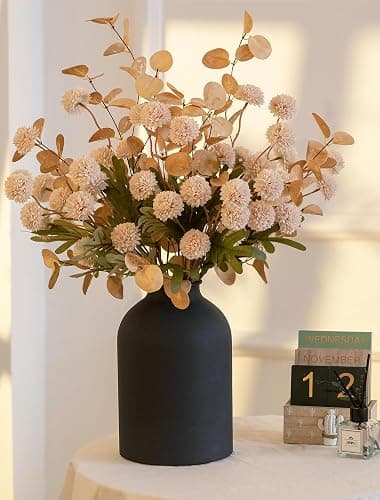 BLOSMON Dining Table Centerpiece Decor: Metal Vase with 12 Stems of Fake Mums Kiku Flower Eucalyptuses for Home - Beige Artificial Pom Poms Faux Floral Arrangements in Vase for Living Room thumbnail 5