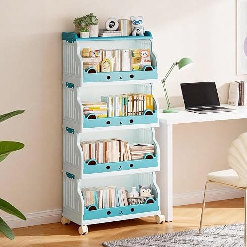 Roqao Book Cart, 4 Tier Rolling Cart, Movable Rolling Bookcase, Book Shelf for Kids Rooms, Rolling Utility Cart with Lockable Casters for Classroom, Study, Office, Bedroom - Sky Blue thumbnail 8