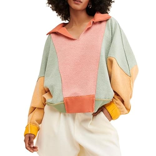 Yuemengxuan Women Fleece Sweatshirts Long Sleeve Colorblock Cropped Oversized Sweatshirt Y2k V-Neck Pullover Tops - Orange - Medium - Image 1
