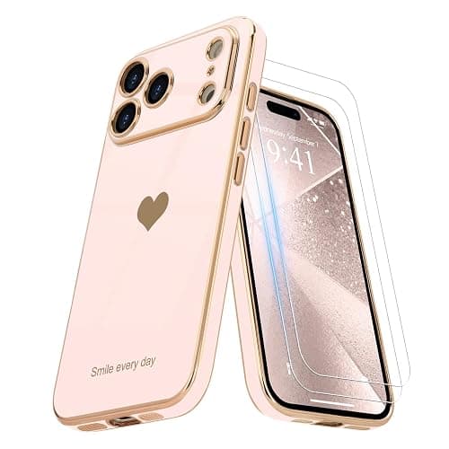 Teageo for iPhone 17 Pro Case with Screen Protector [2 Pack] Girl Women Cute Girly Love-Heart Luxury Gold Soft Cover Camera Protection Shockproof Phone Case for iPhone 17 Pro, Light Pink - Image 1
