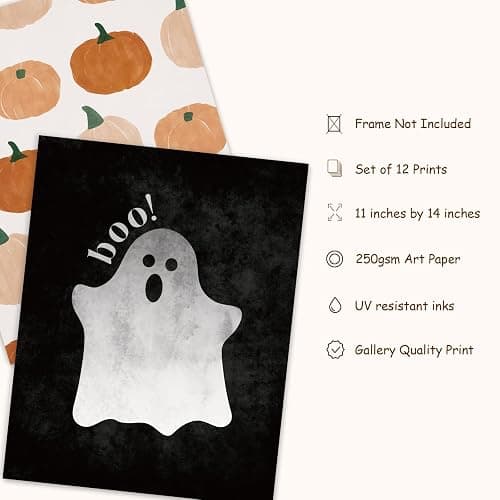 JarThenaAMCS 12Pcs Halloween Wall Art Prints Boho Ghost Pumpkin Black Cat Art Poster Black Orange Wall Decor For Fall Gallery Living Room Bedroom, UNFRAMED, 11 x 14 Inch thumbnail 2