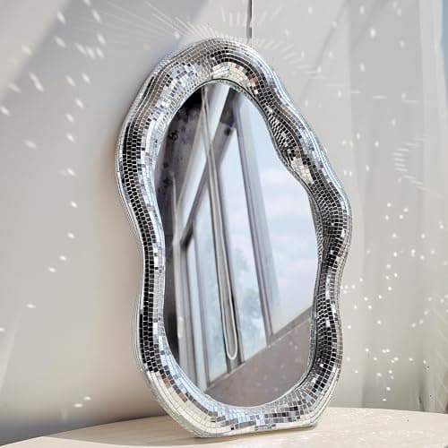 Disco Ball Mirror Wavy, 16"H x 10"W x1.2"D, Funky Table Wall Decor, Large | Unique Funky Ball Decor with Stand, Tabletop Vintage Silver Decorative Mirror, Handmade Gift, Retro, Groovy - Image 1