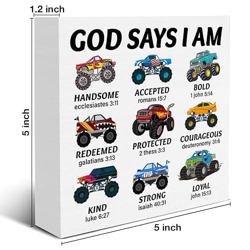Christian Inspirational Sign God Says I Am Truck Wooden Sign Bible Verse Vehicle Car Decor for Teen Boy Room Playroom Home Bedroom Shelf 5 X 5 Inches thumbnail 3