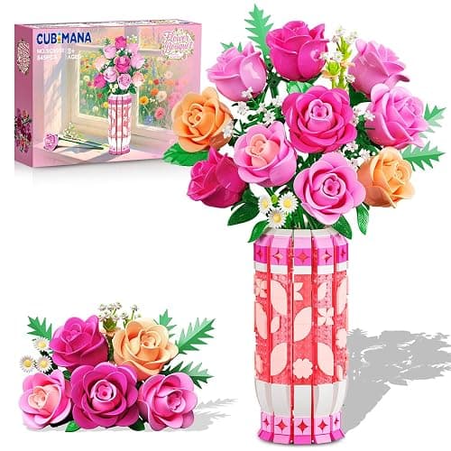 CUBIMANA Romantic Pink Roses Bouquet Building Set with Vase & LED Light, Easter Gifts for for Her/Women/Adults, 3.6MM Mini Flowers Building Toys, Artificial Flowers for Home Office Decor & Display - Image 1