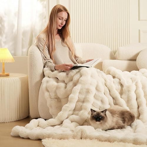 macinso Super Comfort Oversized Warm Thick Bubble Luxury Plush Rabbit Faux Fur Throw Blanket, Fluffy Blanket,Soft Cozy Blanket for Couch Chair Bed Sofa Living Room (White, 60inX80in) thumbnail 2
