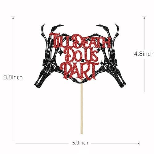 Till Death Do Us Part Cake Topper, Gothic Halloween Wedding Decorations, Bride or Die, Halloween Wedding Engagement Bachelorette Party Decorations, Black and Red Glitter thumbnail 3