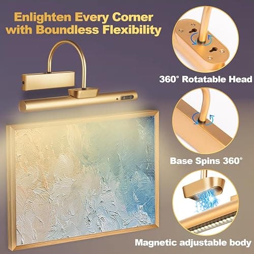 LYTARA Dimmable Cordless Picture Light with Controller and Timer, Rechargeable 5000mAh Battery Wall Sconce for Wall Pictures, Gallery Artwork, Paintings, Portraits, Dartboards (Gold) thumbnail 7