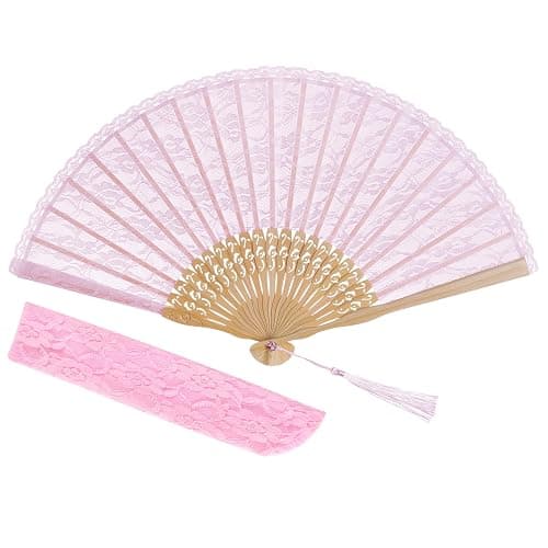 choyaxo Lace Handheld Chinese Folding Fan Bamboo Silk Folding Fan for Women Wedding Decoration Dancing Party,Pink - Image 1