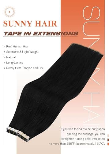 Sunny Hair Tape in Hair Extensions Real Human Hair Invisible Remy Hair Extensions Tape ins for Women Jet Black 20 inch 20Pcs 50G - 20 Inch - Remy 1-#1 Jet Black thumbnail 2