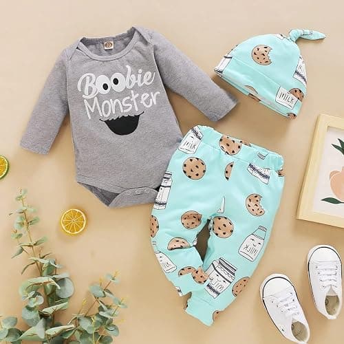 Aoswep Newborn Infant Baby Clothes Long Sleeve Romper + Pants + Hat 3PCS Outfits Set thumbnail 2