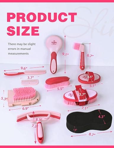 Furrishine 11PCS Horse Grooming Kit Curry Comb Sweat Scraper Horse Bathing Supplies Grooming Tools with Storage Bag Pink Garnet thumbnail 9