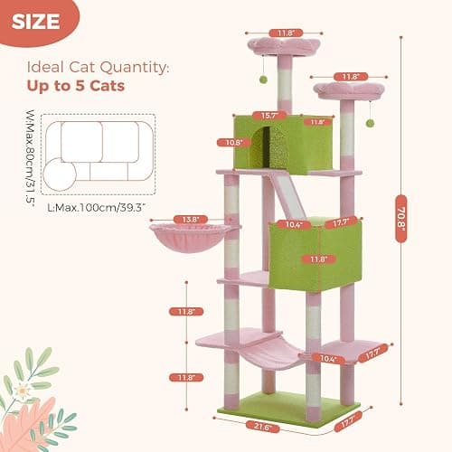 MUTTROS Flower Cat Tree Tall 70.8" for Adult Indoor Cats, 8-Levels Large Cat Tower with 8 Sisal Posts, 2 Hammocks, 2 Condos, Big Perch & 3 Pom Poms for Multi-Cats Household – Carpet Pink thumbnail 7